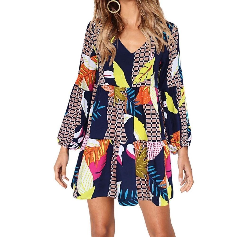 Women’s Summer Casual Tunic Dress Long Sleeve V-Neck Flowy Lightweight Size L